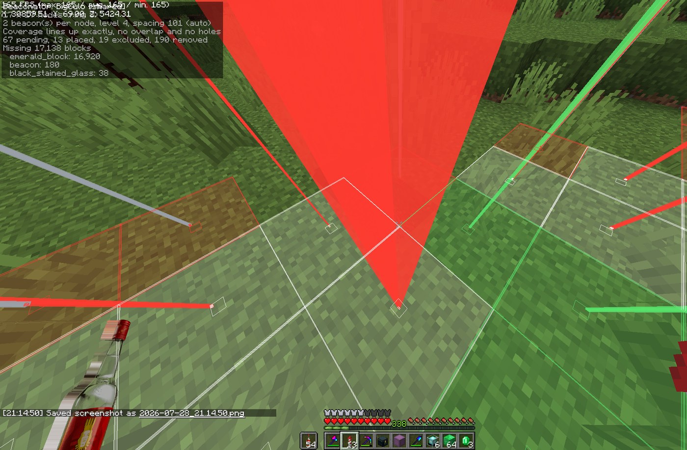 Red beams over what is left to build, green over what is done