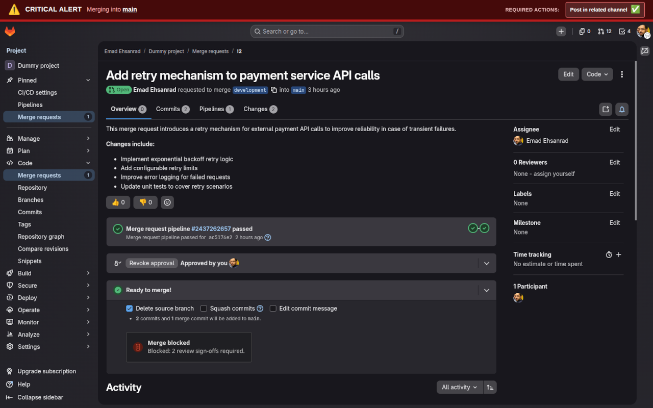 Extension blocking merge button on a GitLab MR