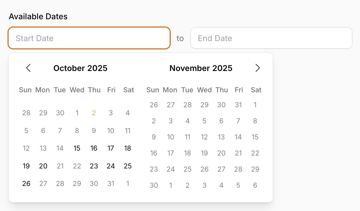 Date range picker with specific enabled dates showing only selectable dates highlighted