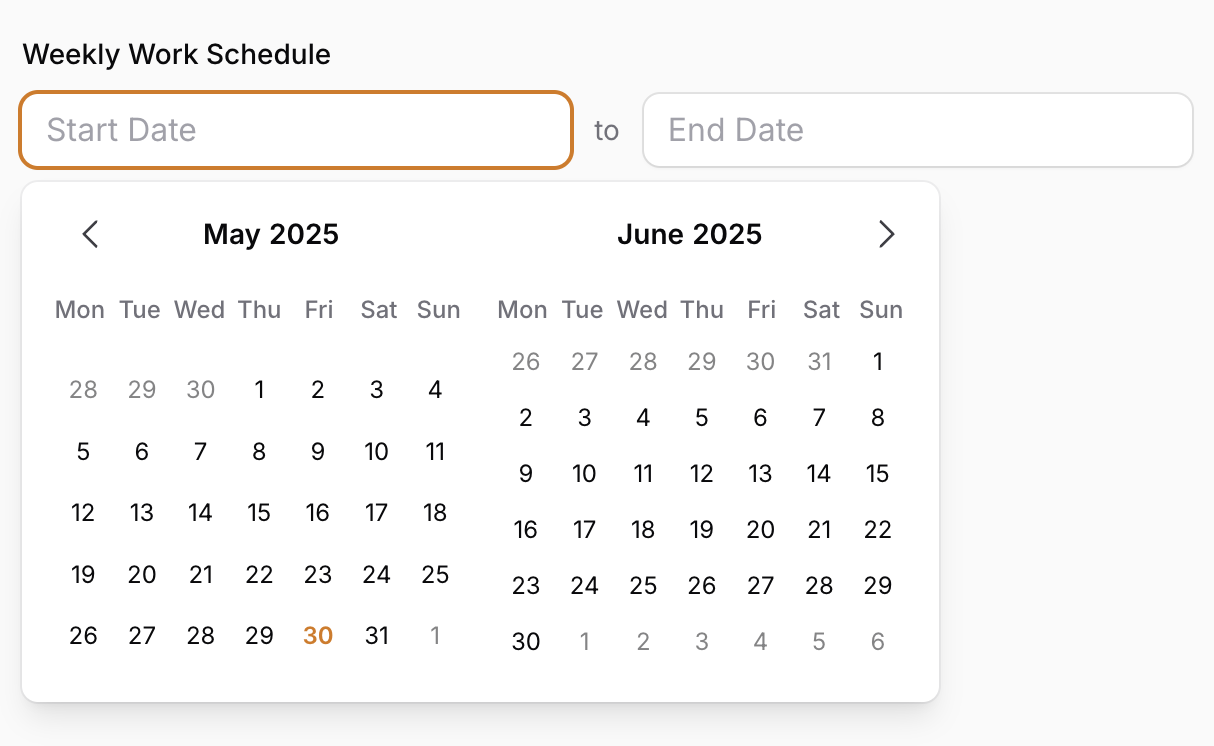 Calendar popover with Monday as the first column.