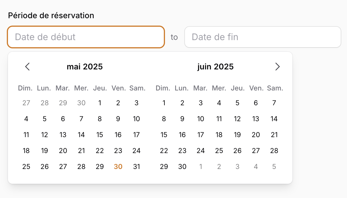 Calendar popover showing month/day names in French.
