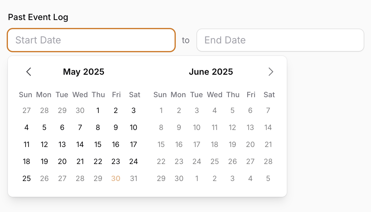 Calendar popover showing future dates and today disabled.