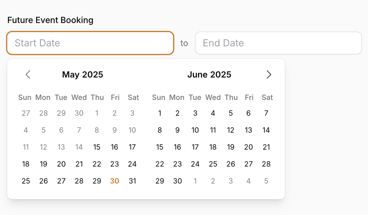 Calendar popover showing past dates and today disabled.