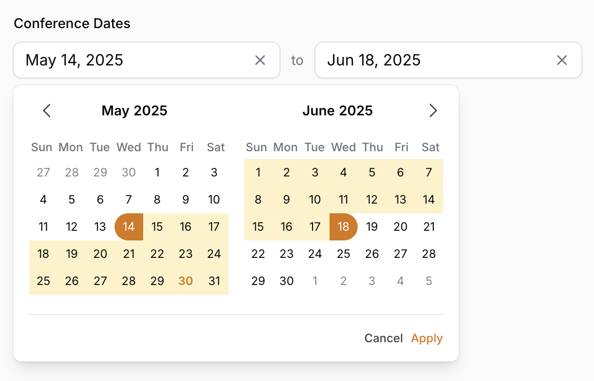 Calendar popover with "Apply" and "Cancel" buttons visible.
