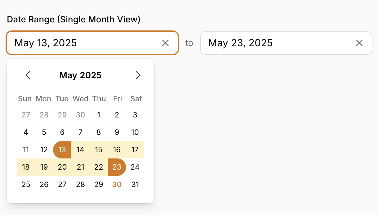 Calendar popover showing only one month.