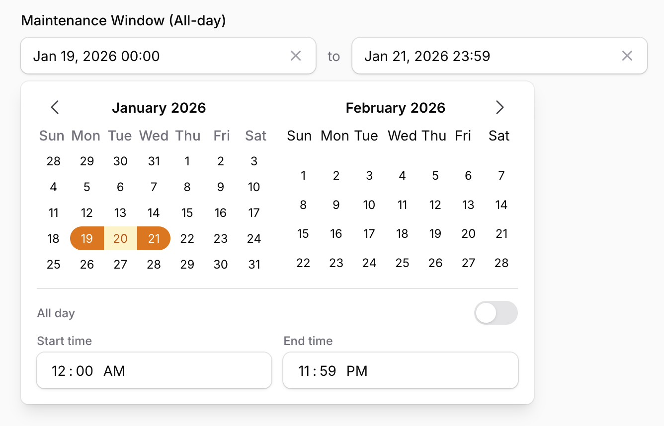 Time-enabled date range picker showing the all-day toggle.