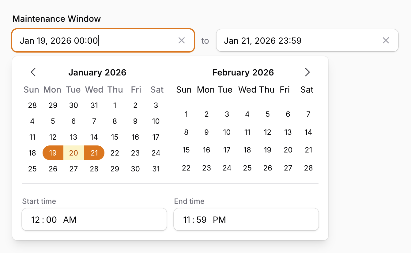 Time-enabled date range picker with time inputs.