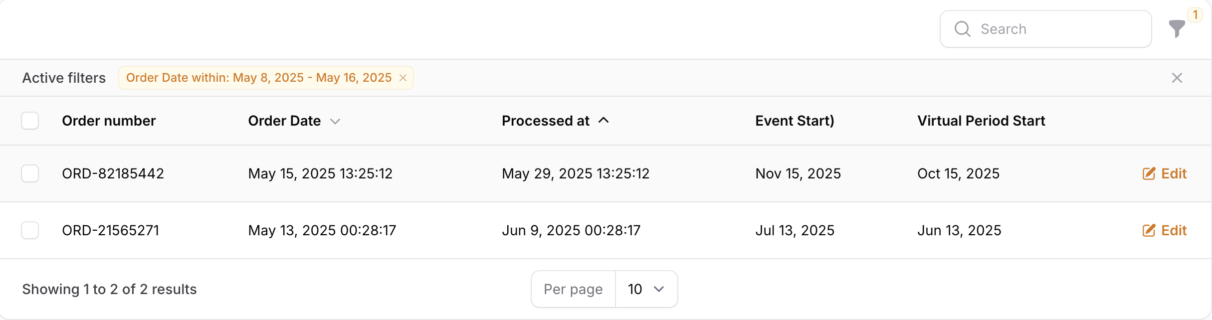 A Filament table showing records filtered by a date range, with the filter indicator visible, e.g., "Order Date: Jan 15, 2024 - Jan 20, 2024".