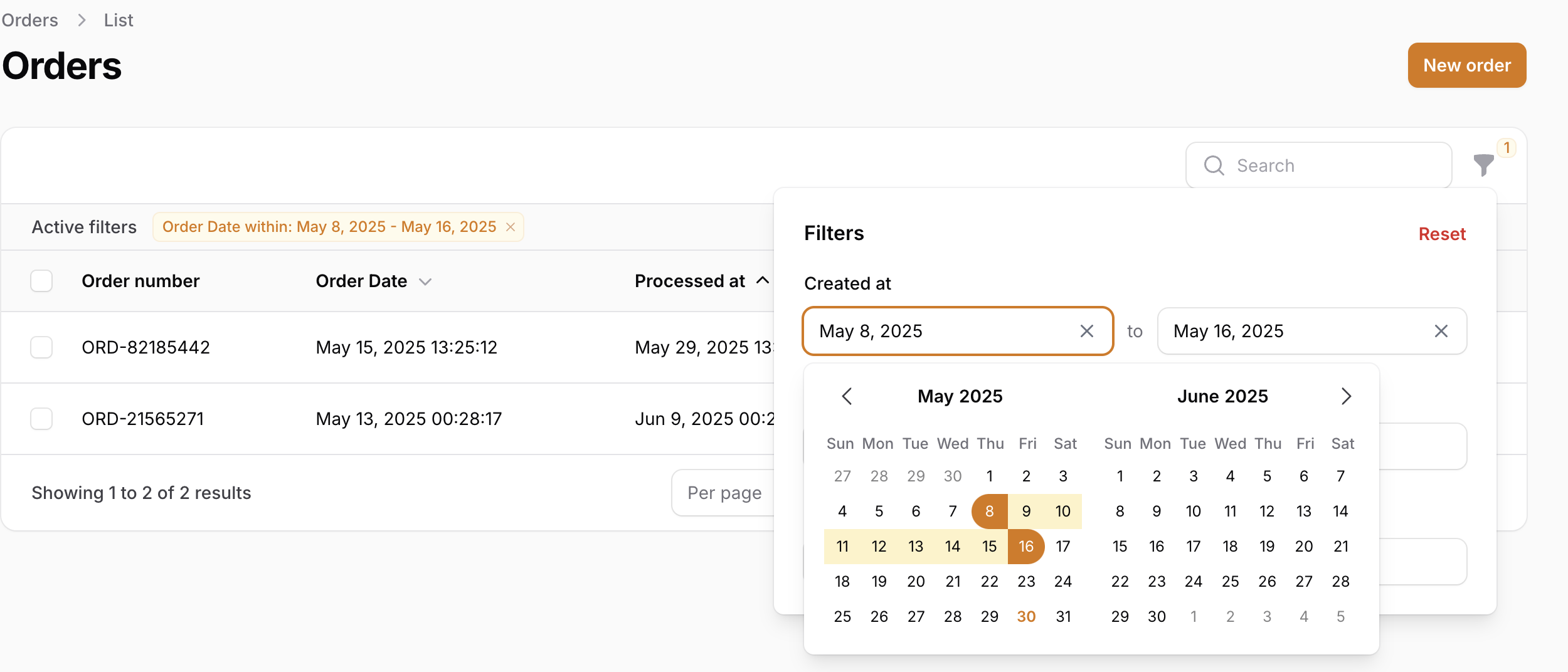 The filter dropdown open, showing the DateRangePicker ready for input.