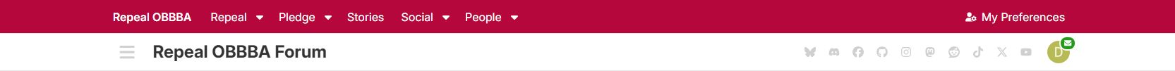 Repeal OBBBA Forum with a red navigation bar, dropdown menus and social icons in the forum header.