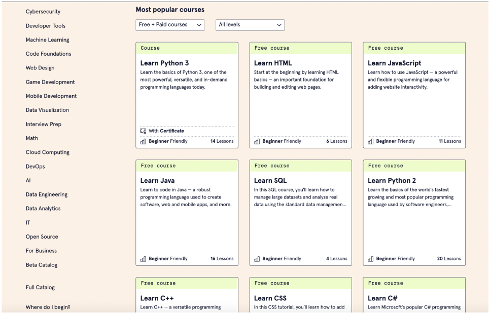 Codecademy web page that uses a grid layout. The cards for the courses are arranged on a grid, making it easy to scan.