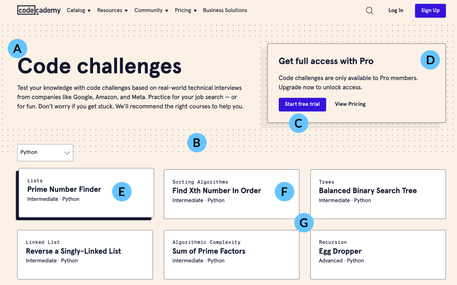 Screenshot of the Code Challenges page from Codecademy’s website. Visual design elements on this page are labeled A-G.