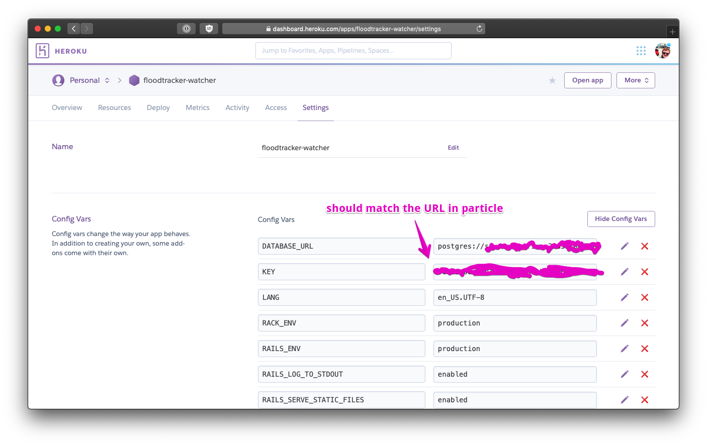 a screenshot of the "Settings" page for an app on the Heroku Dashboard; the "KEY" configuration should match the URL in particle