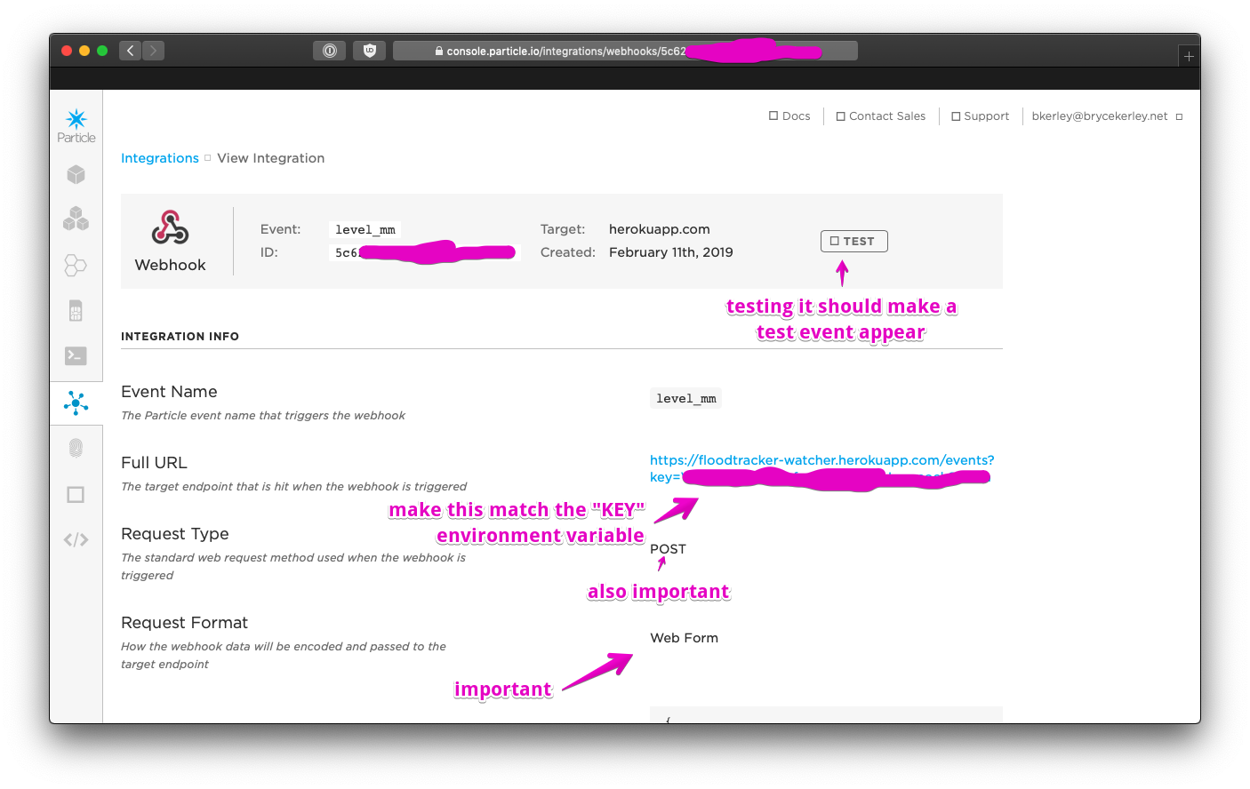 a screenshot of a Particle Webhook Integration; the full URL is https://floodtracker-watcher.herokuapp.com/events?key=KEYKEYKEY