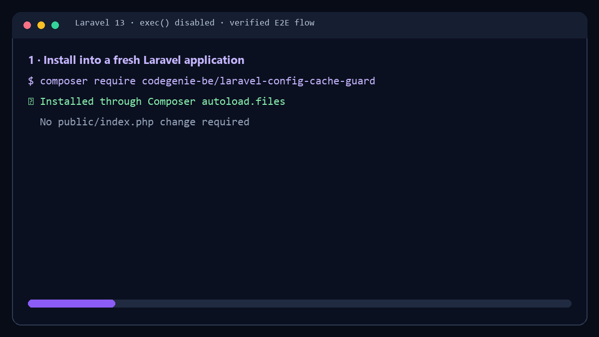 Terminal demonstration of Laravel Config Cache Guard rejecting stale deployment cache and completing deferred repair