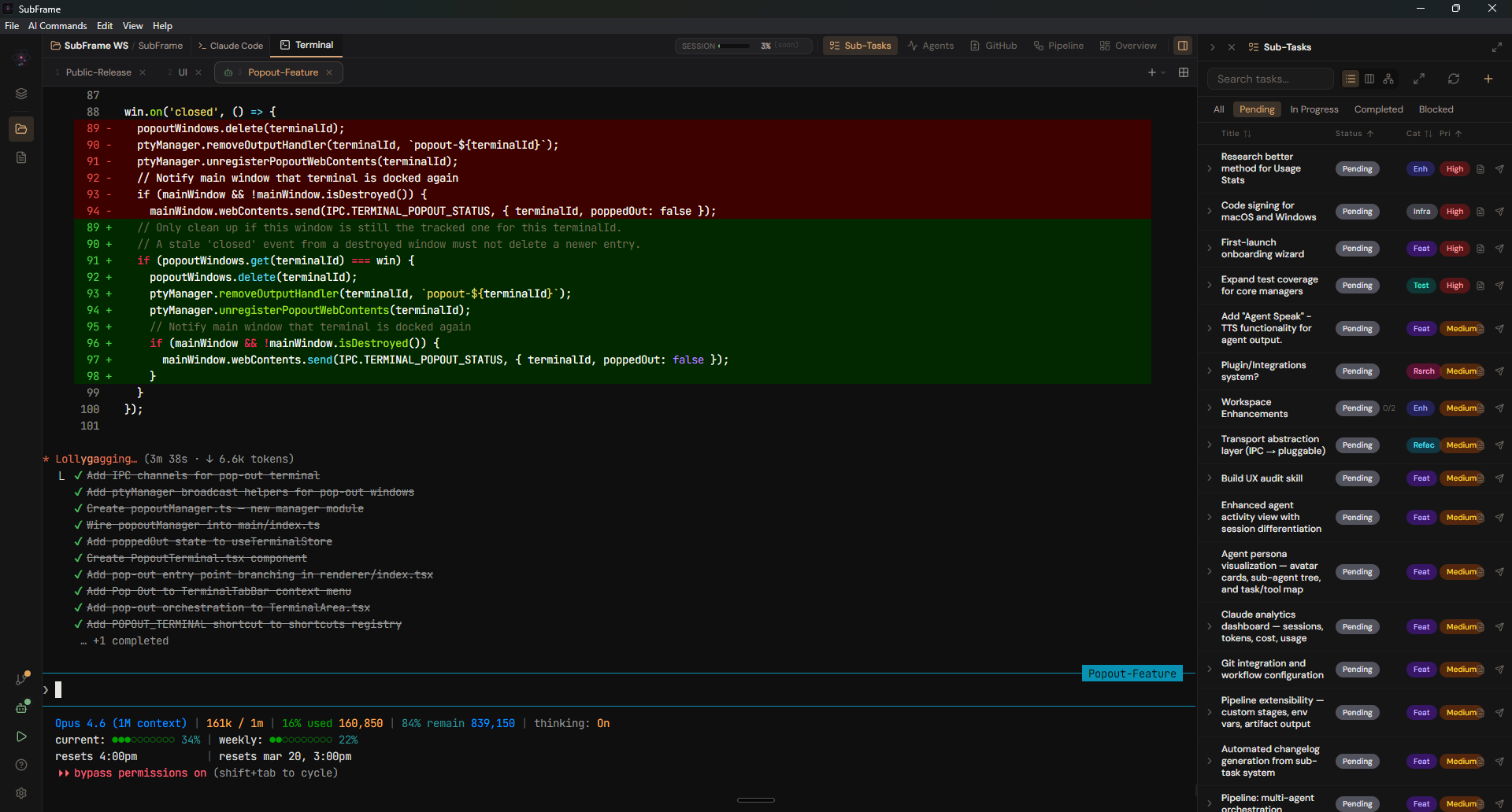 SubFrame task management panel alongside terminal