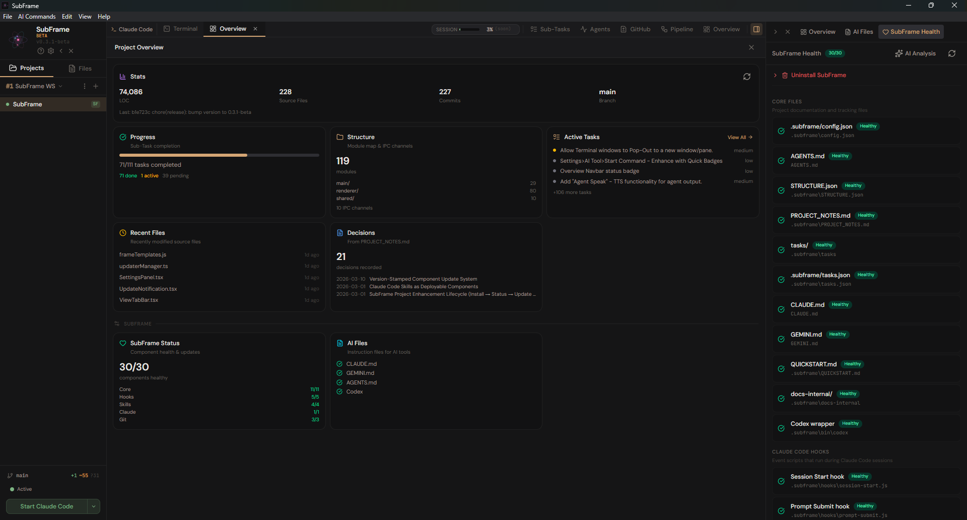 SubFrame project overview dashboard
