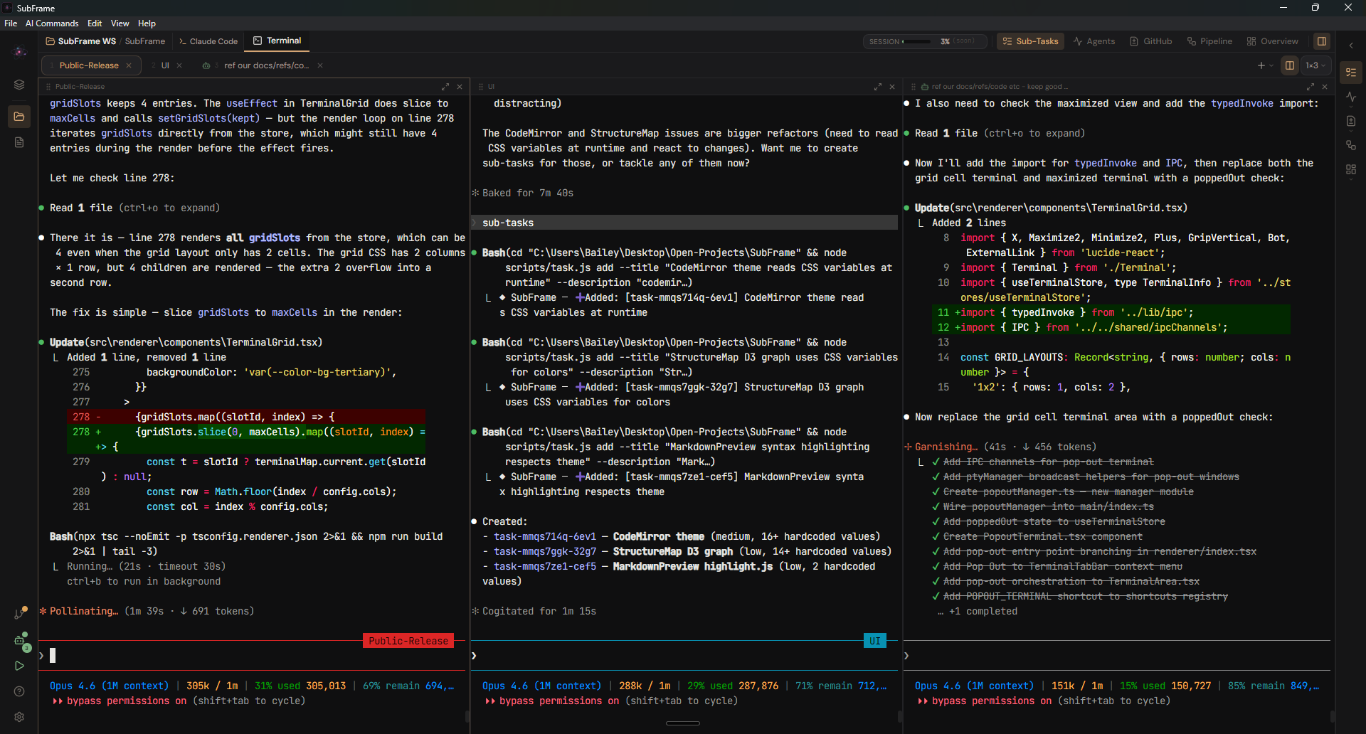SubFrame terminal workspace with Claude Code session