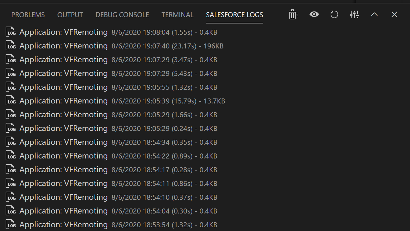Salesforce Logs panel