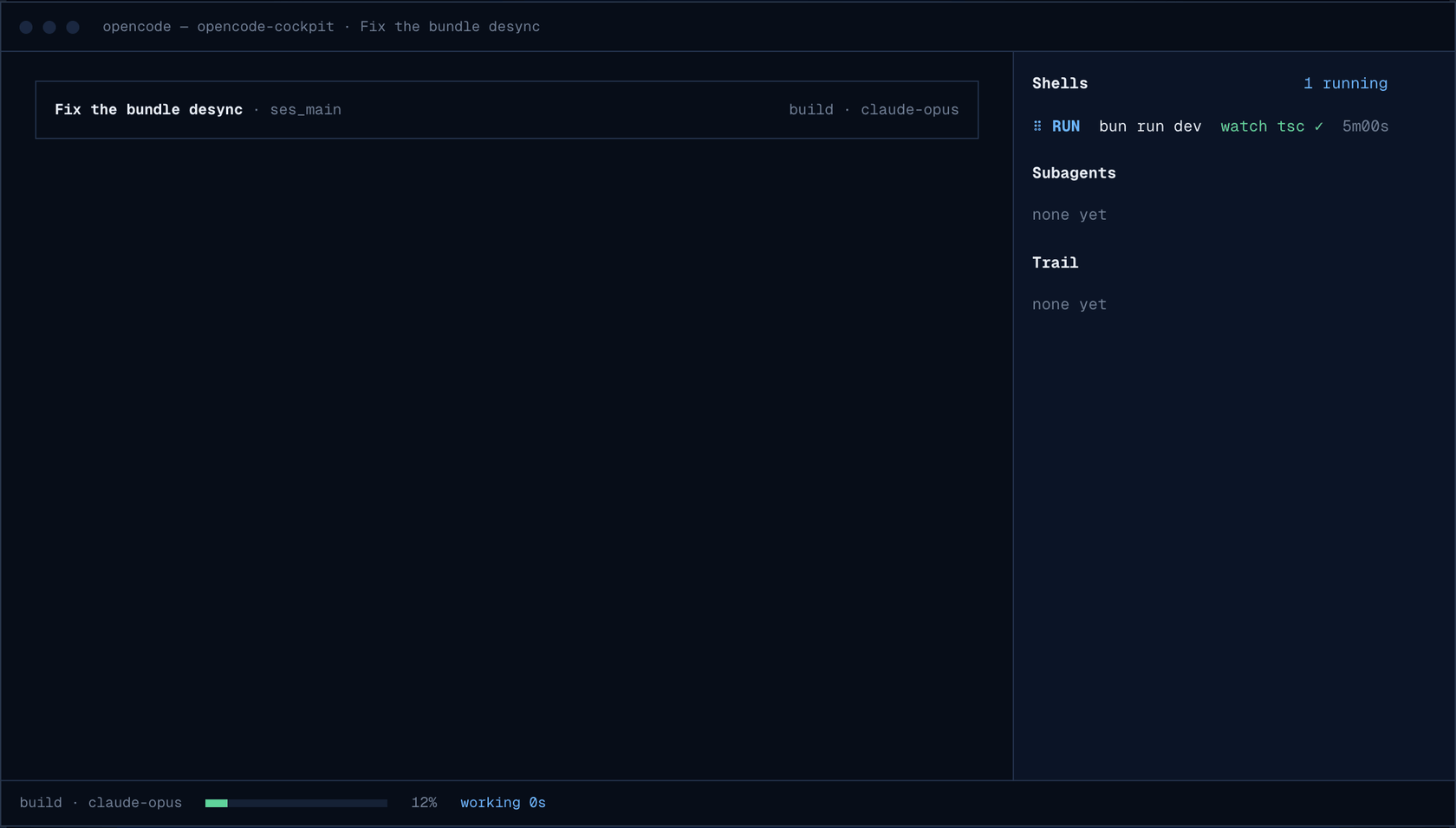 One OpenCode session with Cockpit: background tests failing then passing, subagents at work, the PR landing in Trail, the context filling