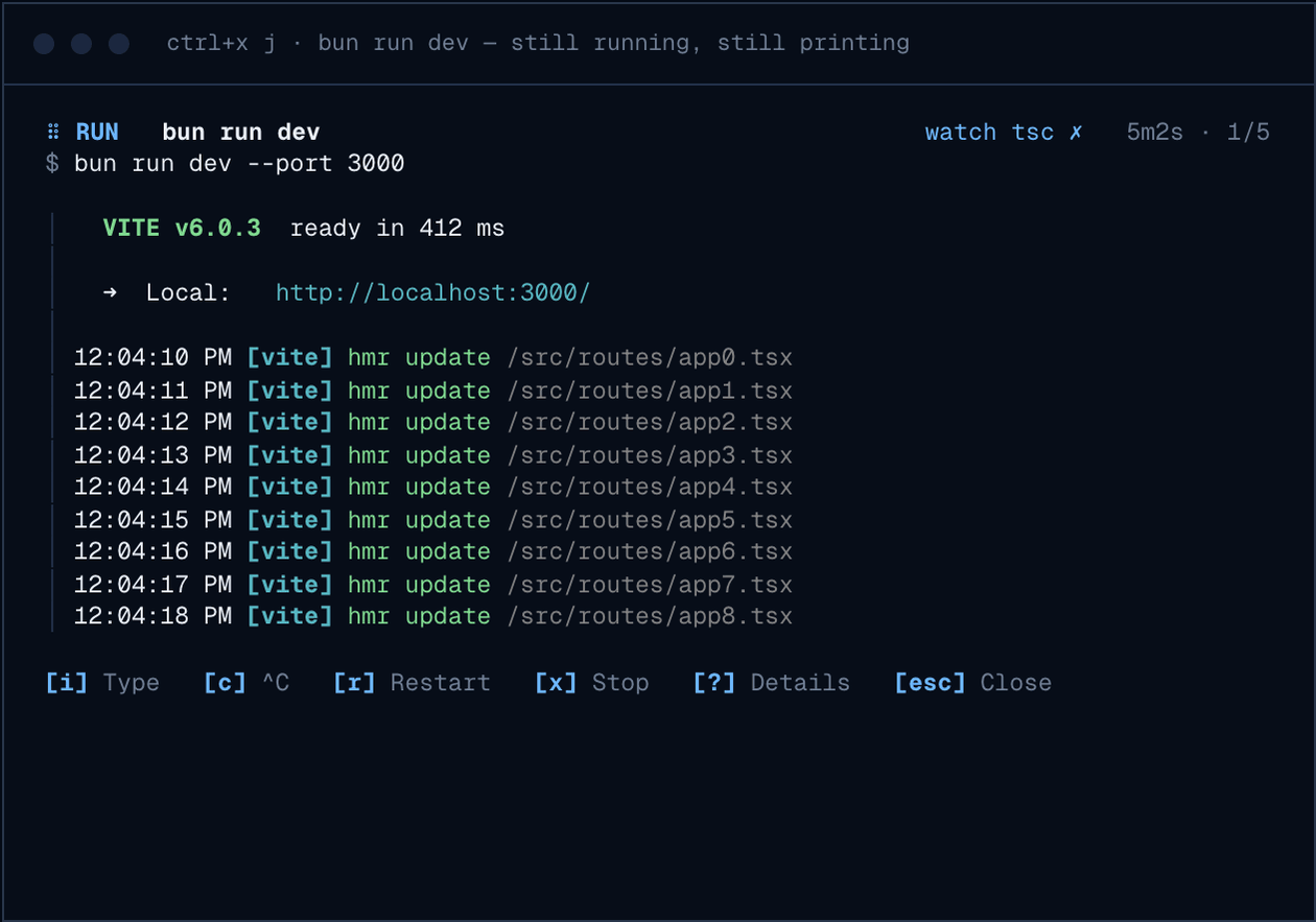 The Shell console: a dev server streaming, then a test run scrolling into a failure, then a build finishing