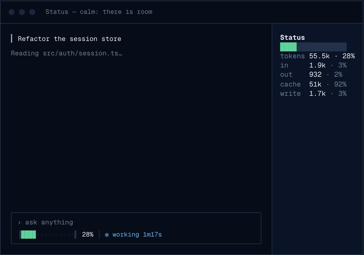 Status in the sidebar and under the prompt: one session's context filling from calm through 75% and 90%
