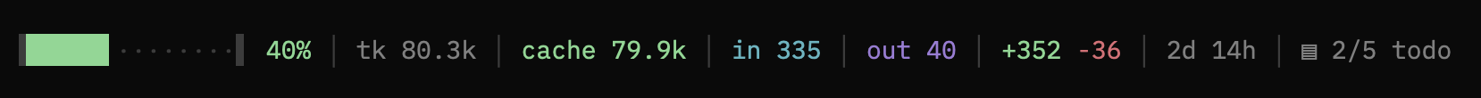 The statusline under an OpenCode conversation: a context bar at 40%, the token total with its cache, input and output parts, the session diff, elapsed time and todo progress