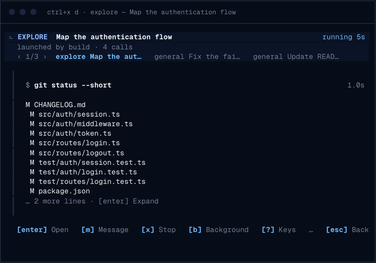 A subagent's pane: its task, the files it touched, a failed command and its thinking, while it works