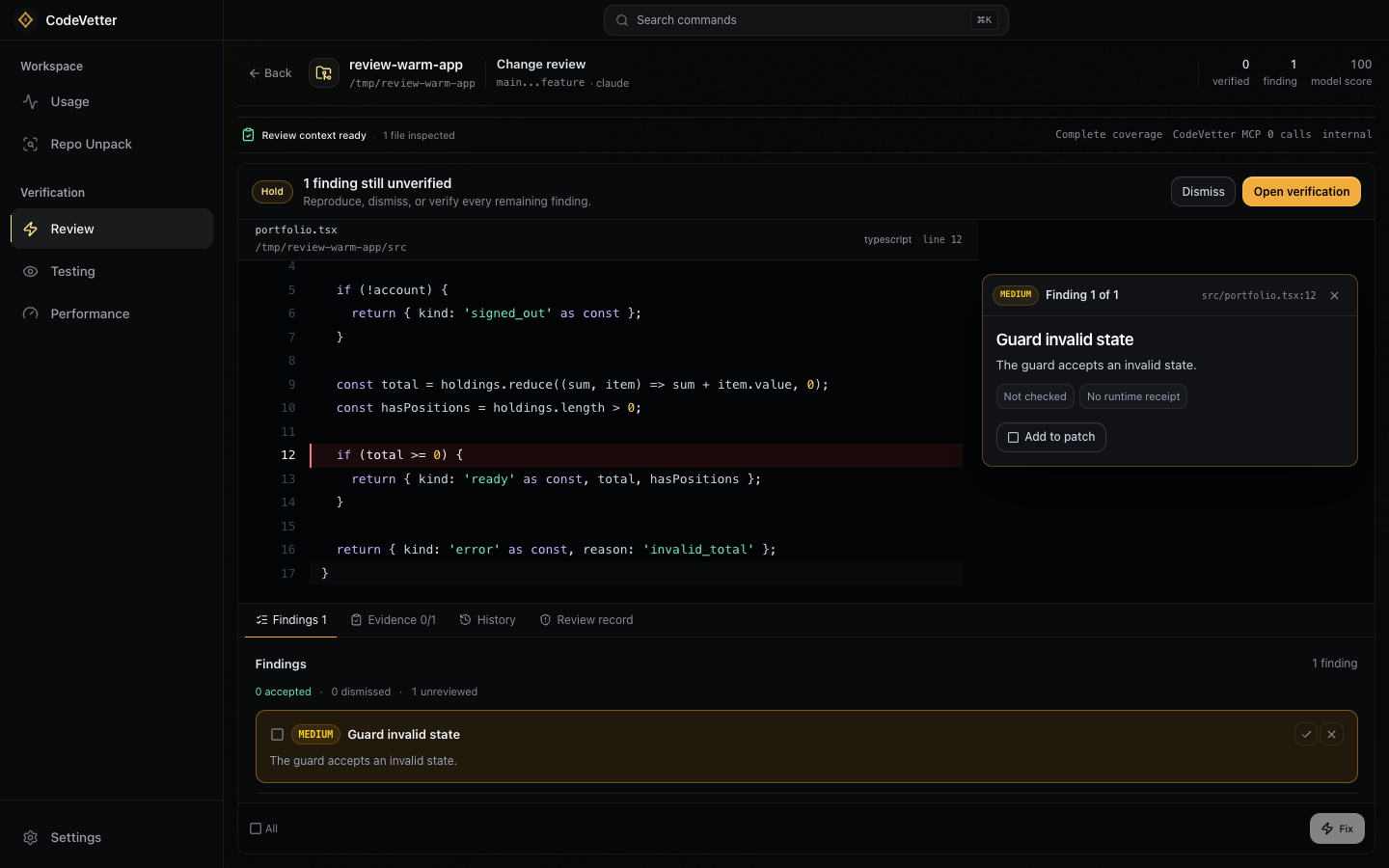 CodeVetter desktop review workbench showing a real local review result, finding list, evidence status, and code inspection panel