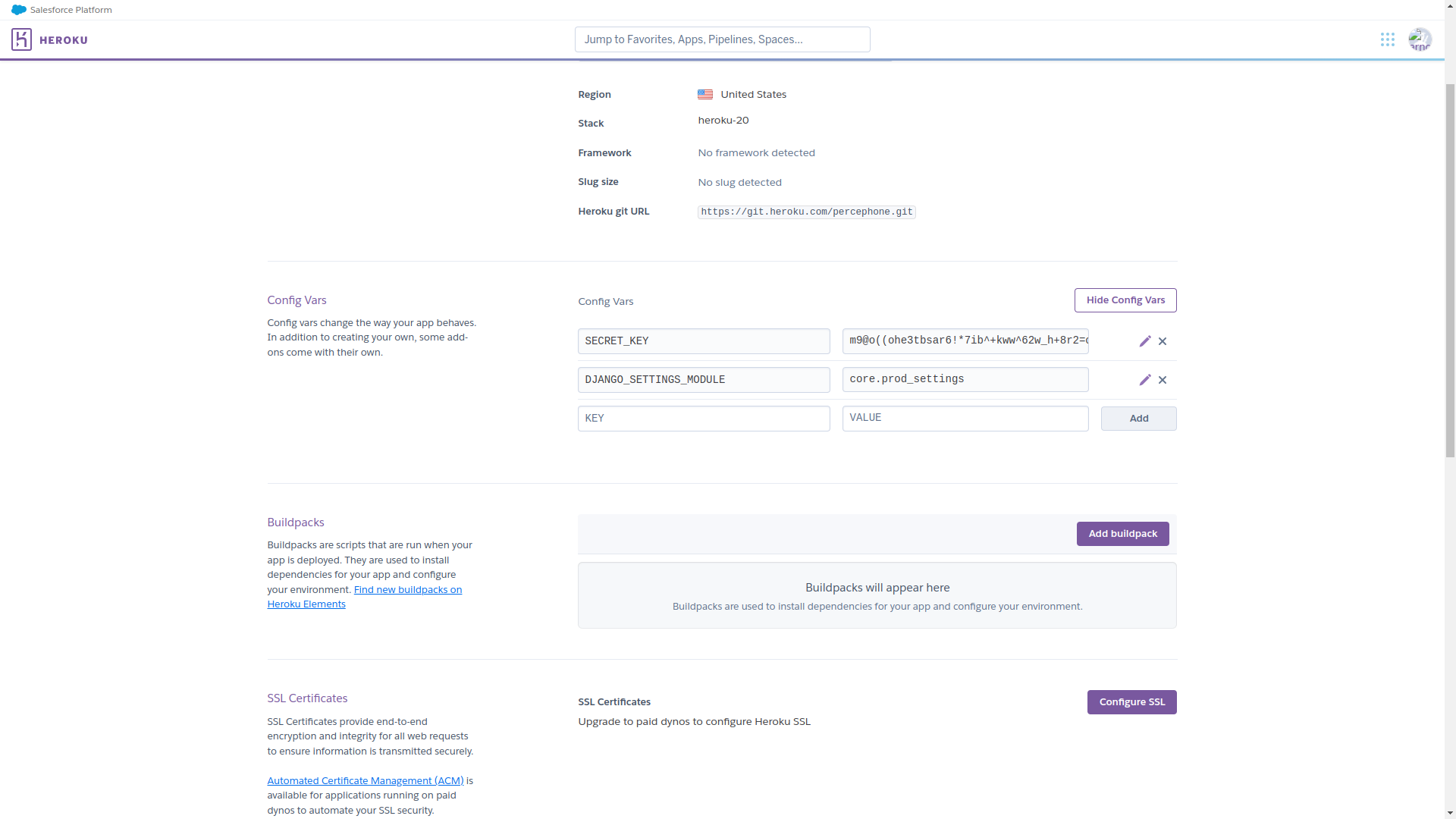 alt Onglet des configuration de l'application sur Heroku