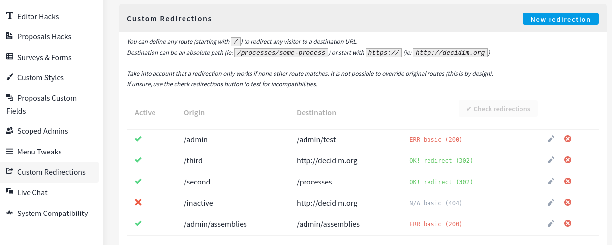 Custom redirections screenshot