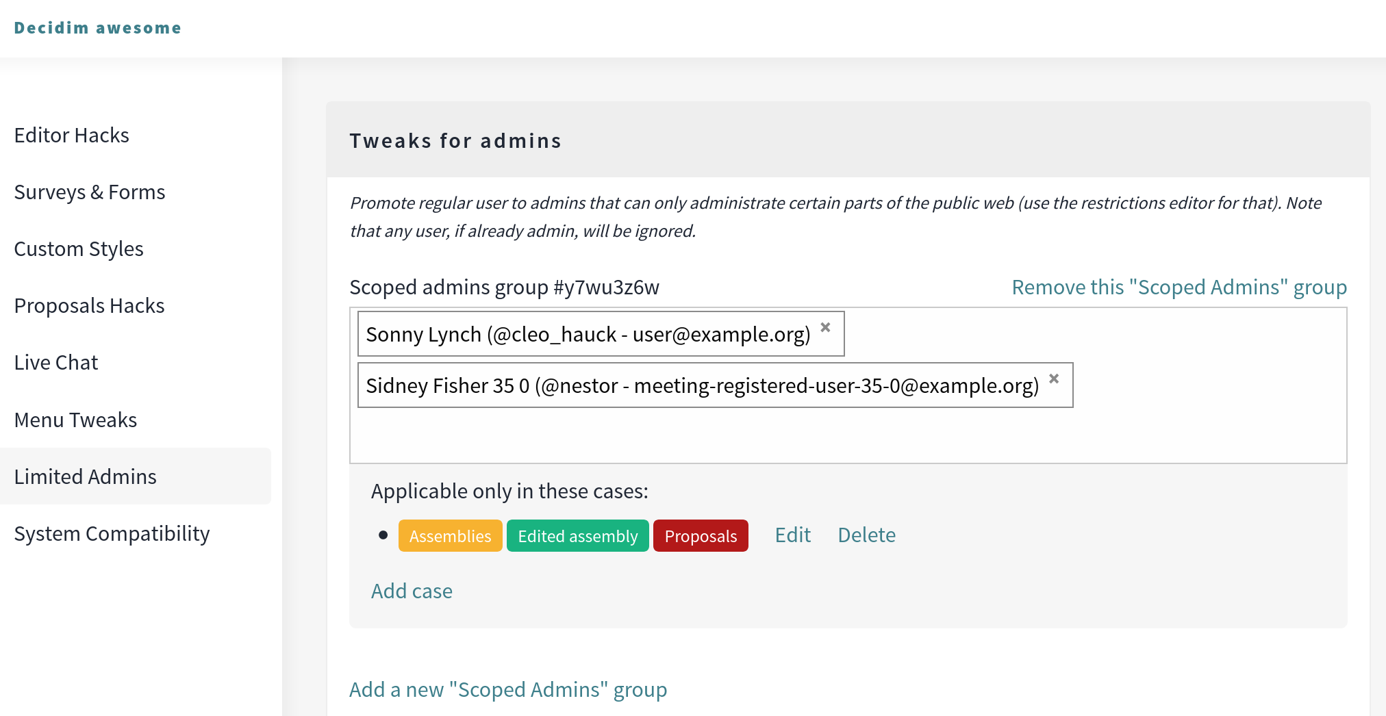 Scoped admins configuration