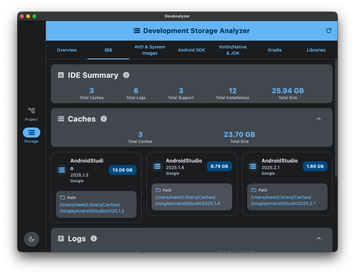 Development Storage Analyzer Screenshot