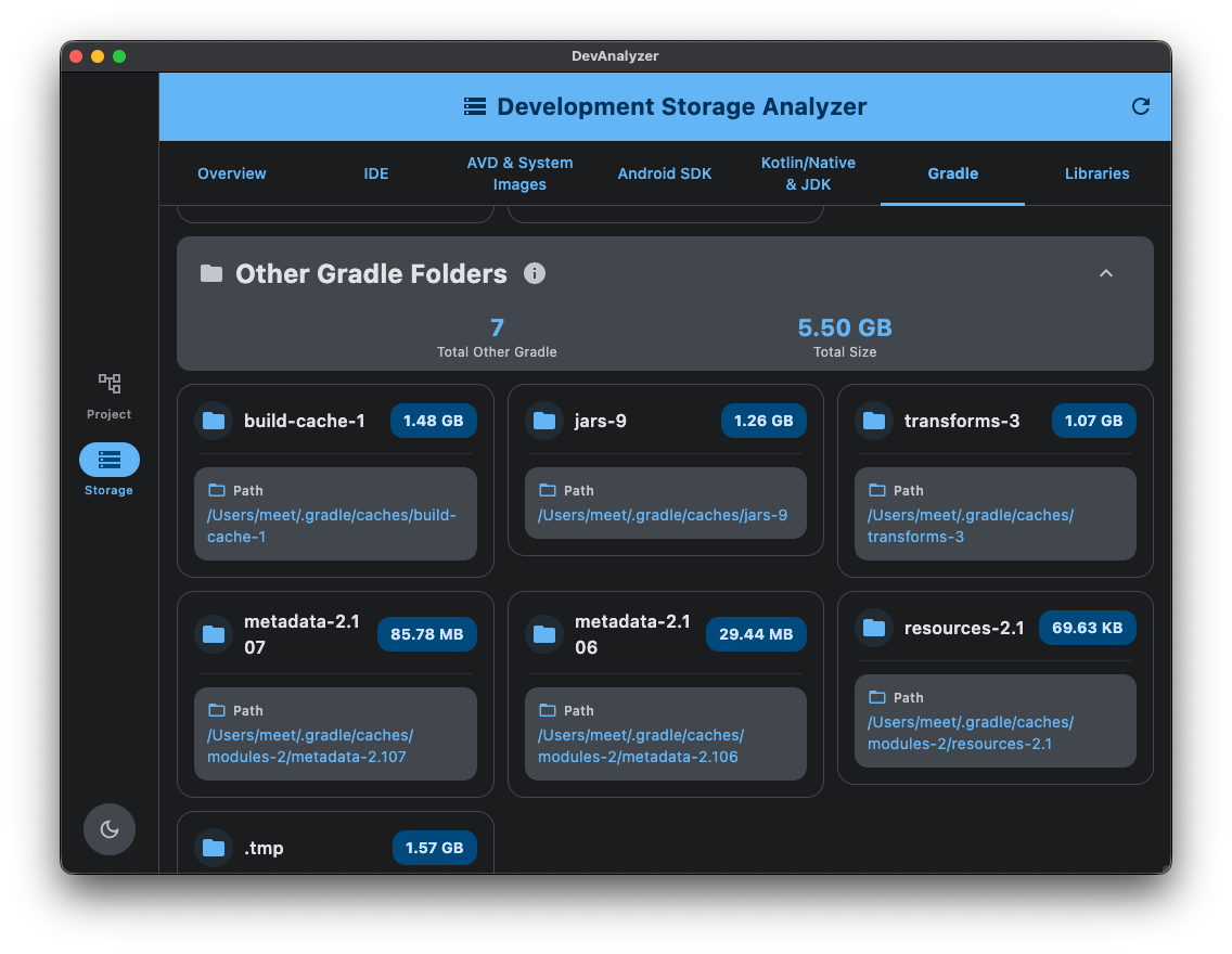 Development Storage Analyzer Screenshot