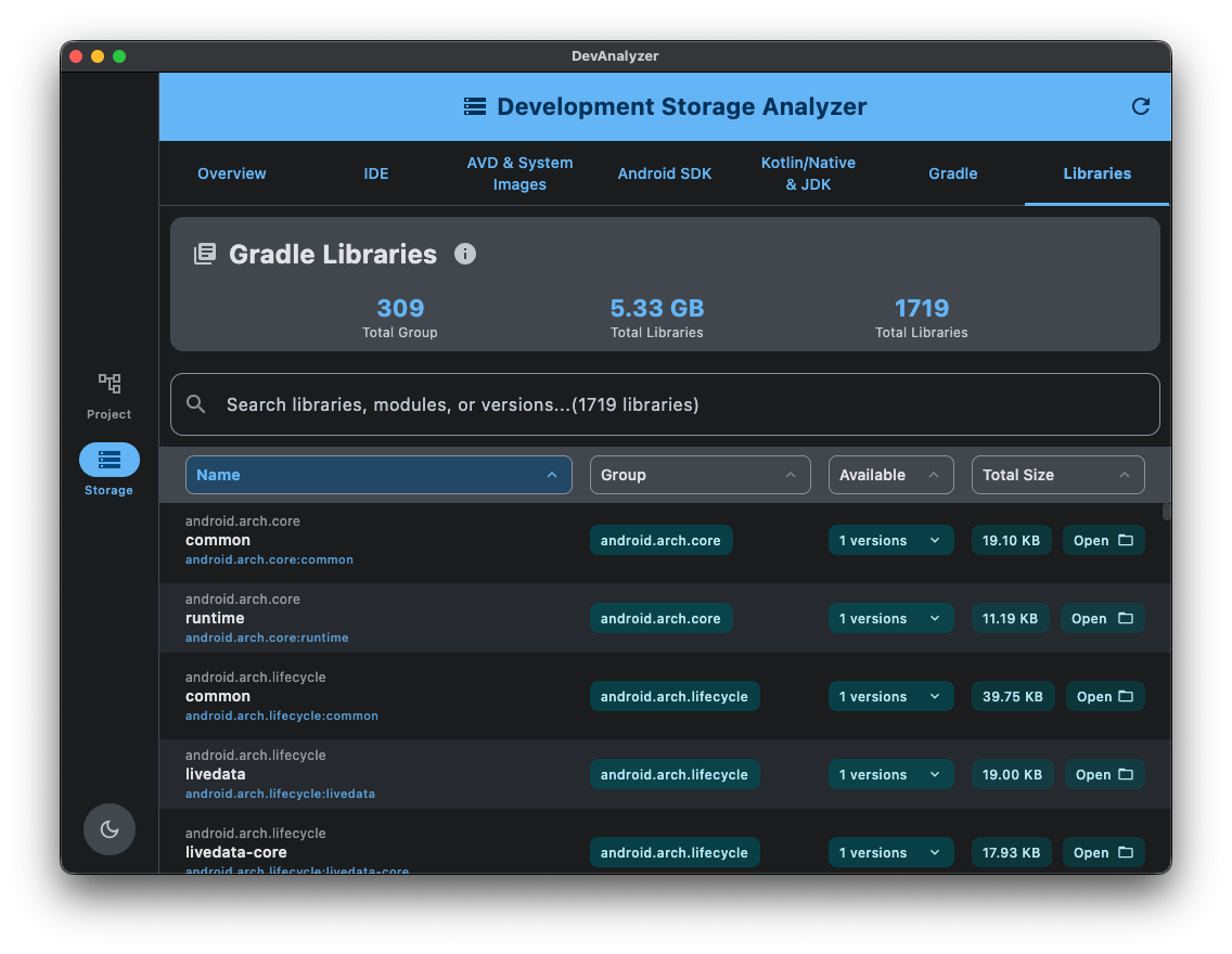 Development Storage Analyzer Screenshot