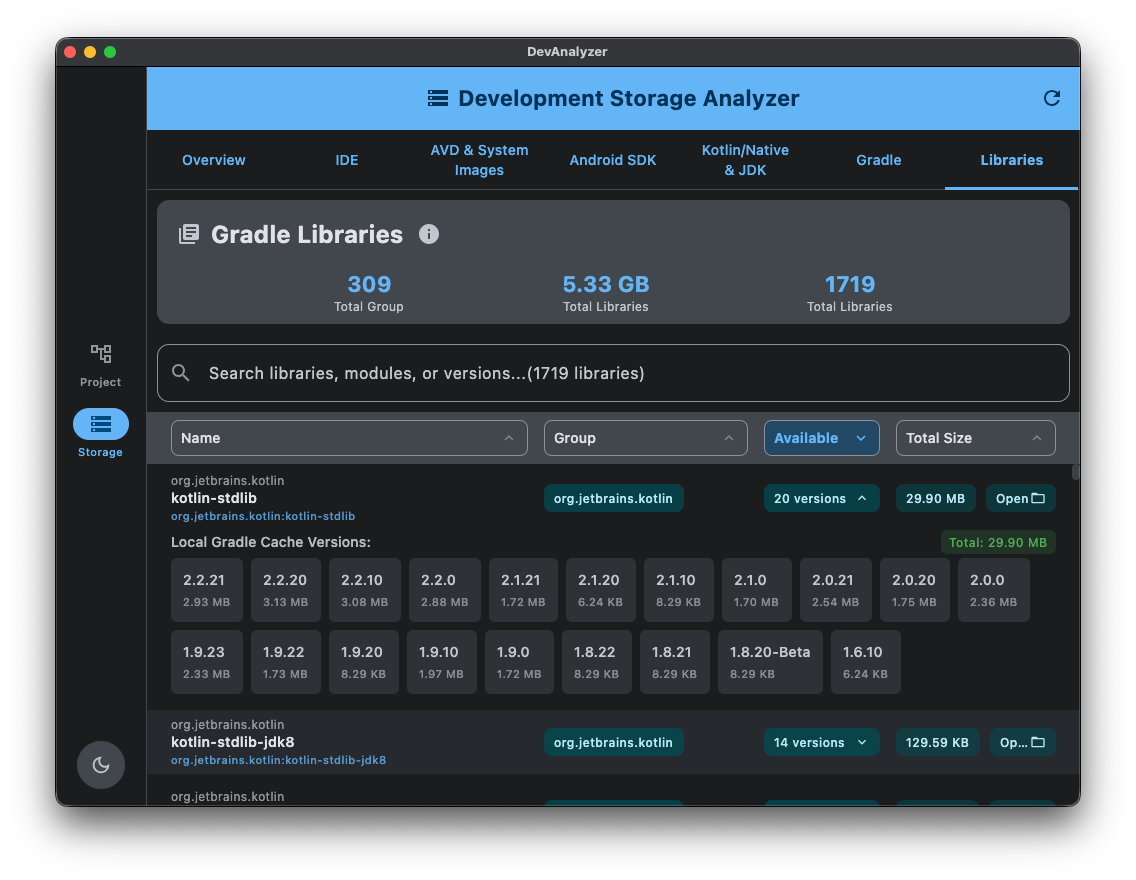 Development Storage Analyzer Screenshot