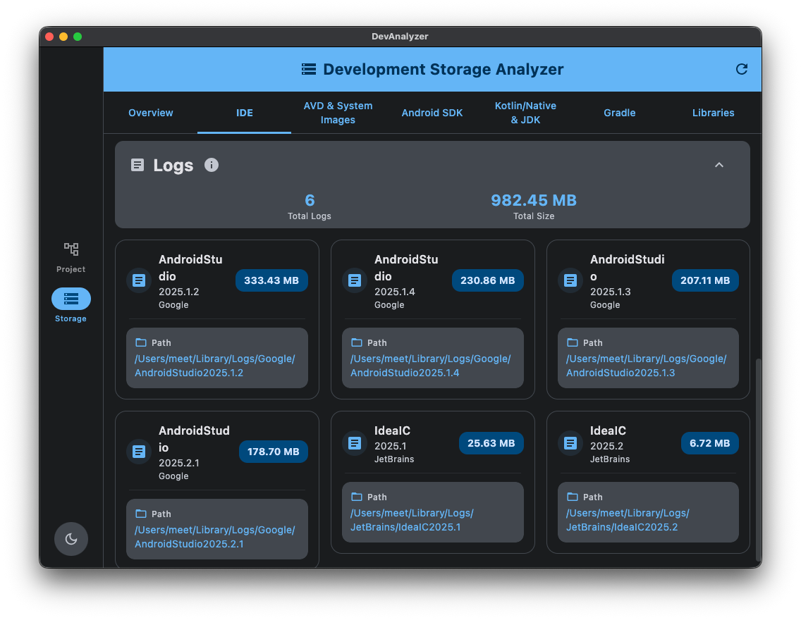 Development Storage Analyzer Screenshot