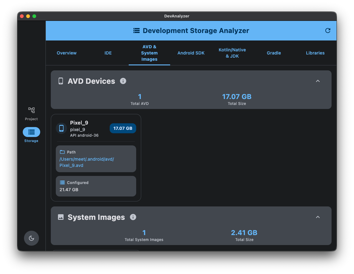 Development Storage Analyzer Screenshot
