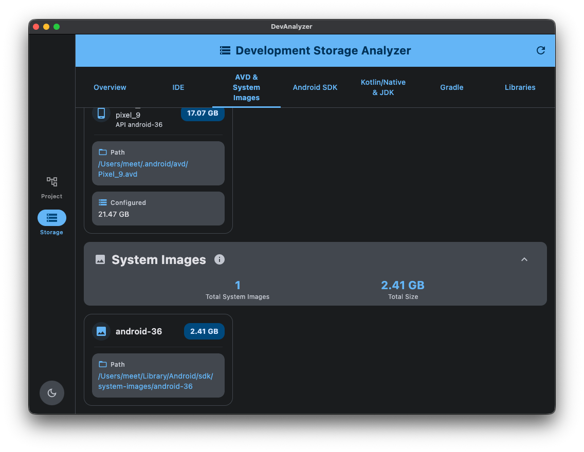 Development Storage Analyzer Screenshot