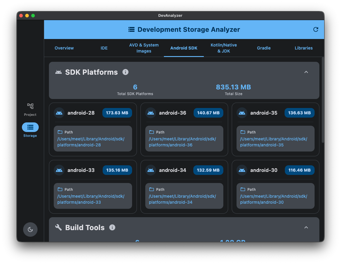 Development Storage Analyzer Screenshot