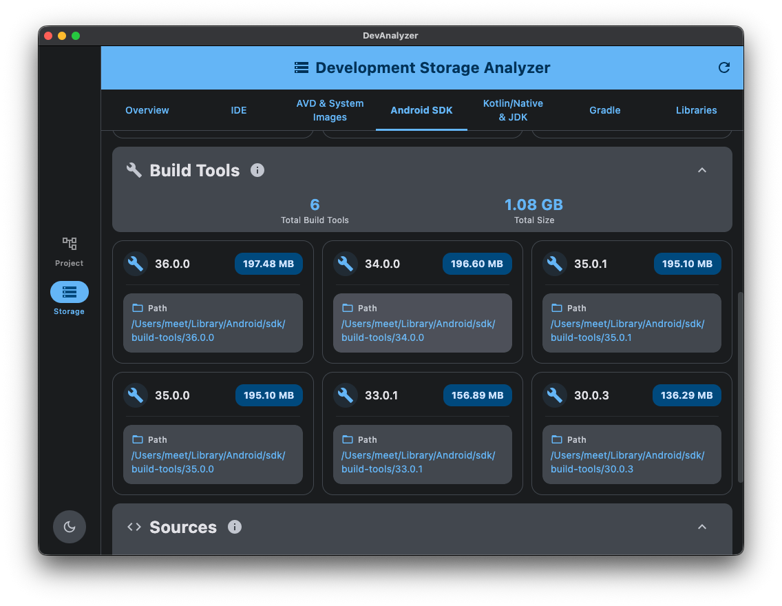 Development Storage Analyzer Screenshot