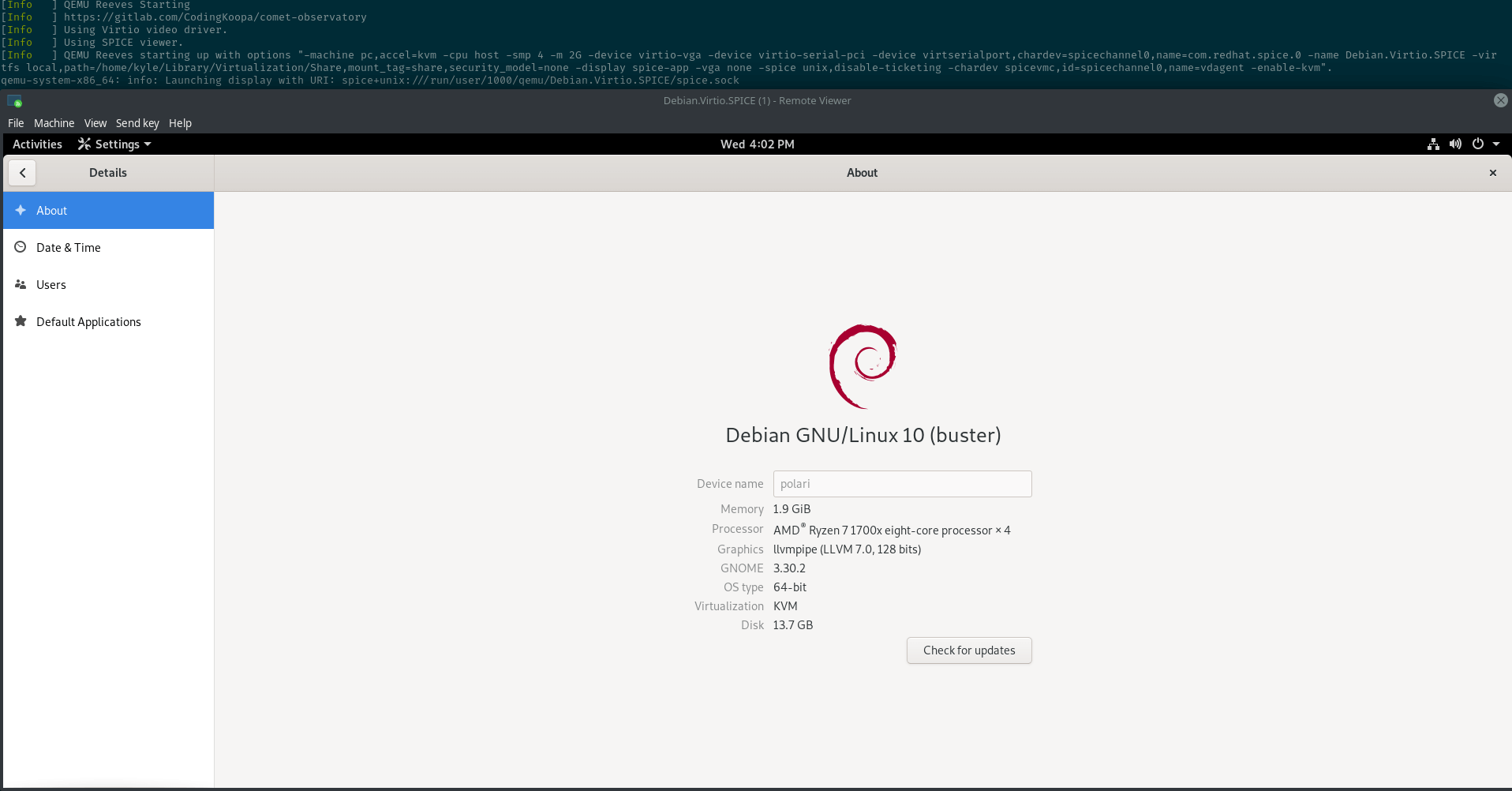 QEMU Reeves Debian 10 Screenshot