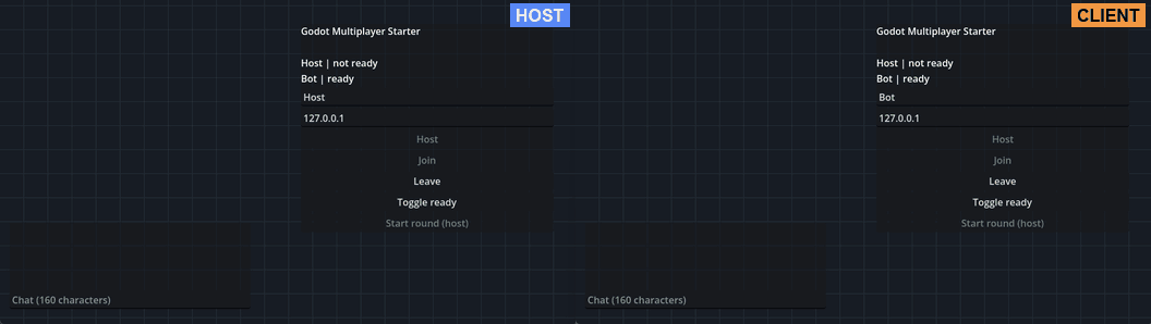 Godot Multiplayer Starter: a host window and a client window, both players moving in both