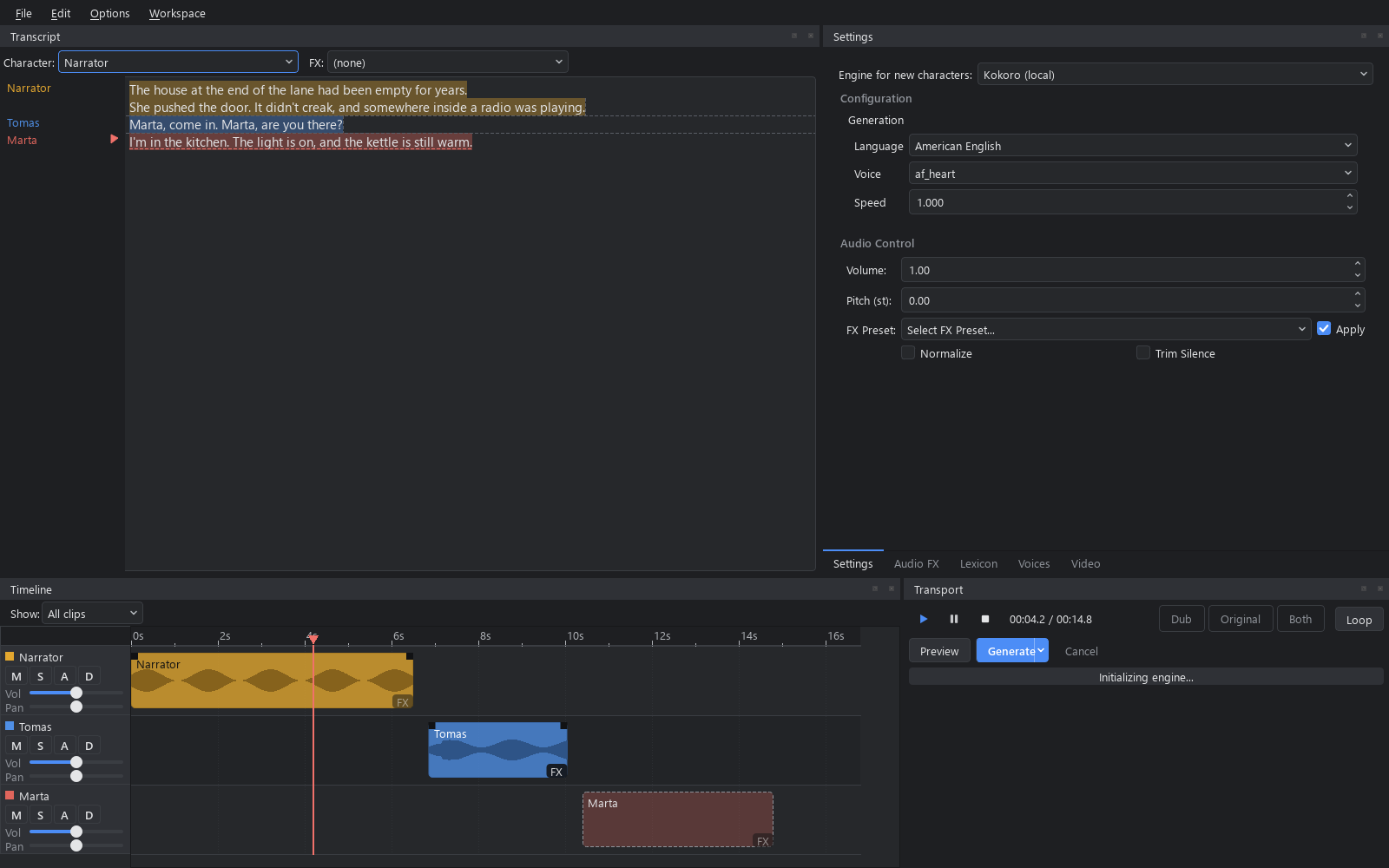KokoroGUI 4.0: transcript and settings tabs over a seconds-axis timeline and transport, dark theme