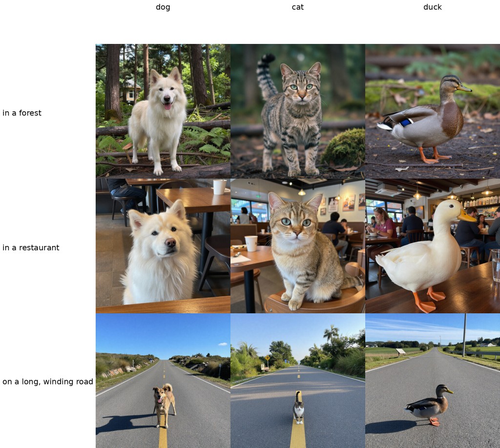 Screenshot of a 3x3 prompt-variation grid with the example workflow.