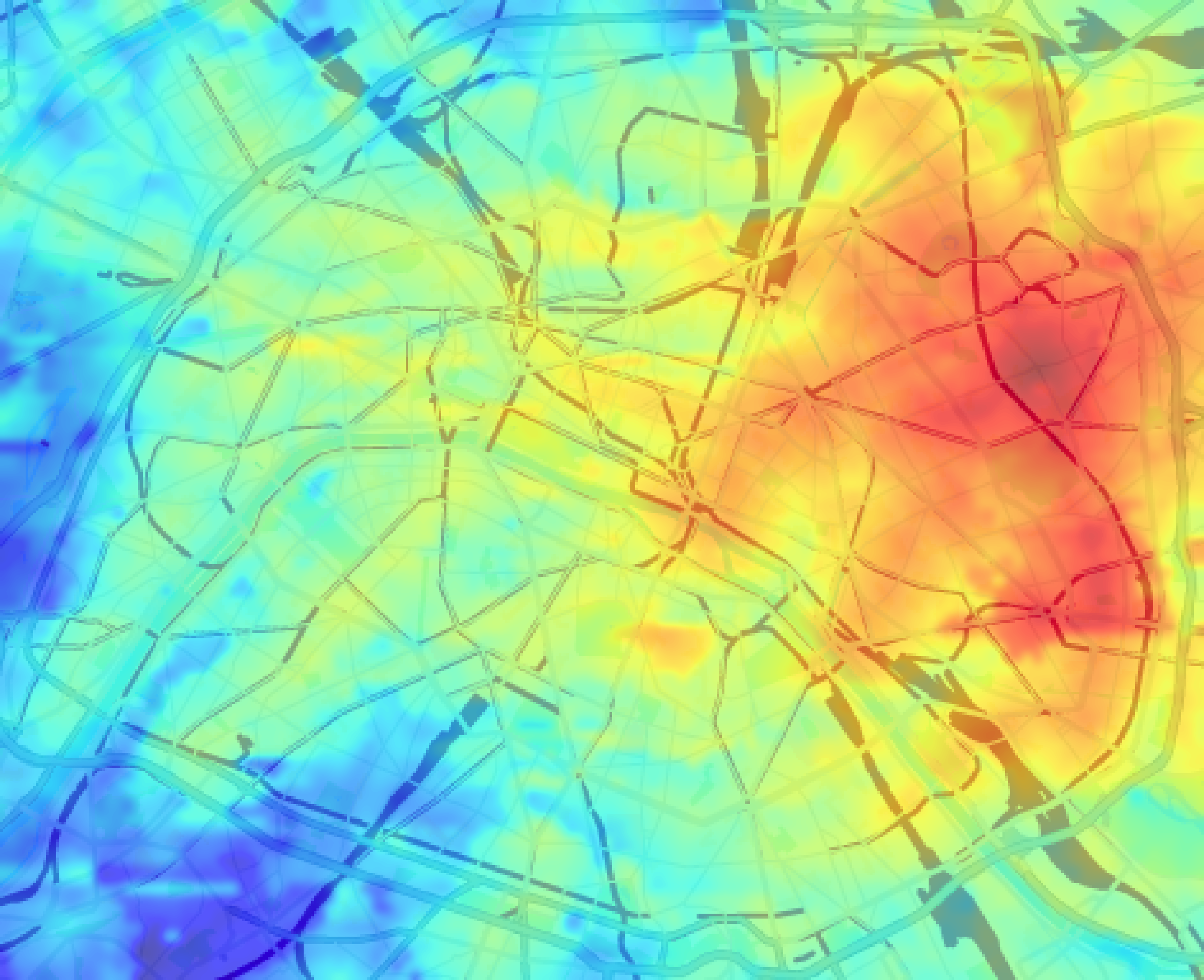 Commute heat map from Parc de Belleville, Paris