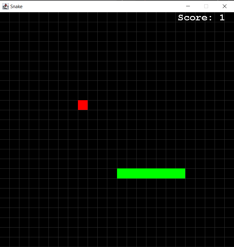 Classic game of snake with a large grid, a short green snake in a straight line, with a red target above it and a score of 1 at the top right