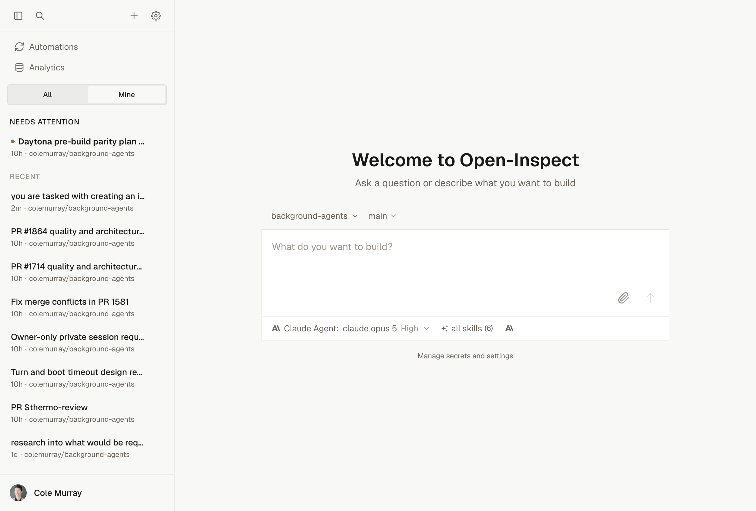 Open-Inspect web UI: session sidebar and new session composer