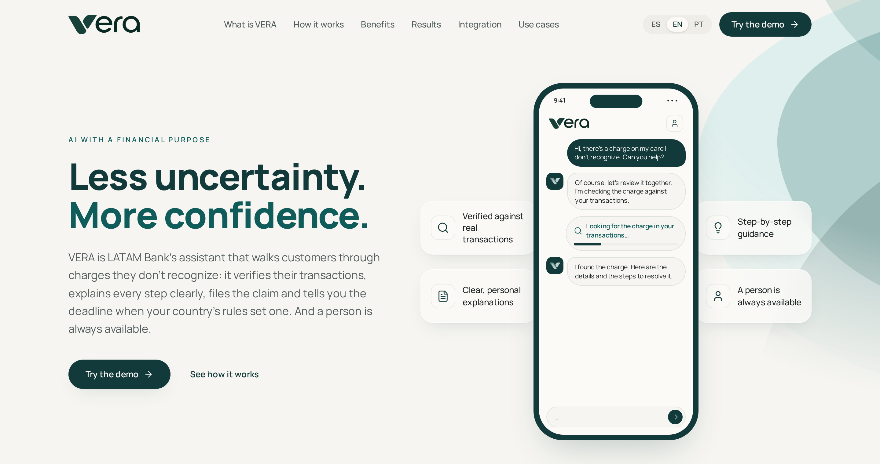 VERA, the dispute assistant of LATAM Bank: the product page with the chat