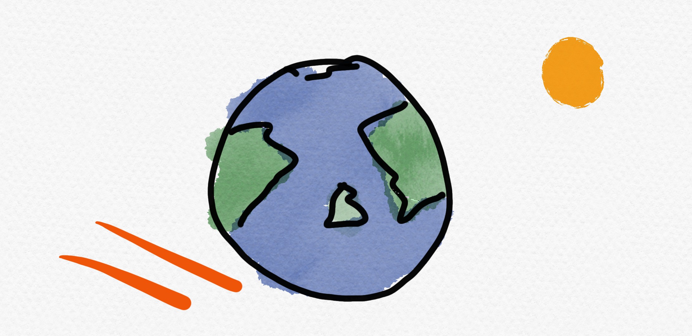 A drawing of the world with the sun in the back and random orange lines